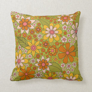 Coussin Années 1960, 1970 Vert & Orange Retro Floral