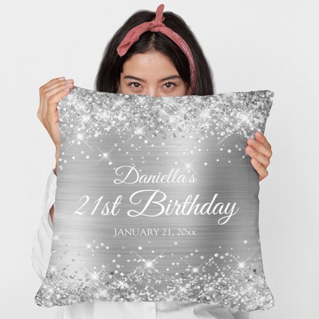 Coussin Anniversaire 21 ans pailleté argenté (Glittery Silver Foil 21st Birthday Throw Pillow)