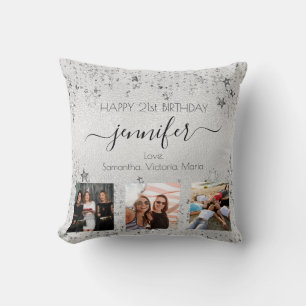 Coussin Anniversaire ami argent photo collage nom script