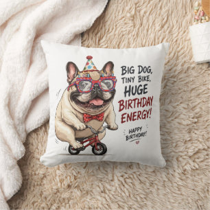 Coussin Anniversaire drôle de Bulldog français à vélo