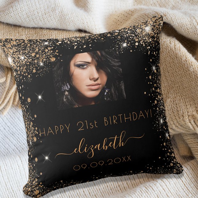 Coussin Anniversaire noir personnalisé photo or parties sc (Créateur téléchargé)