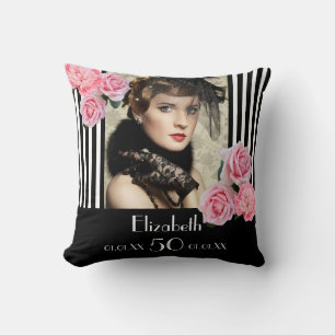 Coussin Anniversaire noir rayures photo rose nom floral