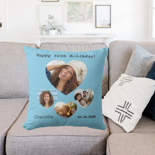 Coussin Anniversaire nom âge photo coeur collage ciel bleu