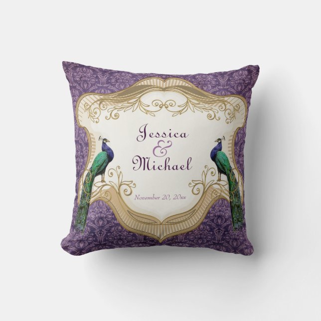 Coussin Anniversaire personnalisé (pourpre) royal de paon (Recto)