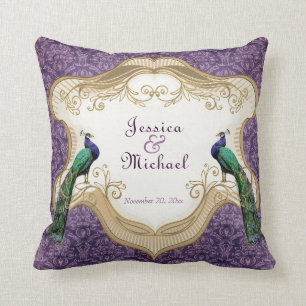Coussin Anniversaire personnalisé (pourpre) royal de paon