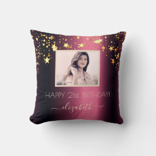Coussin Anniversaire photo personnalisée bordeaux or étoil