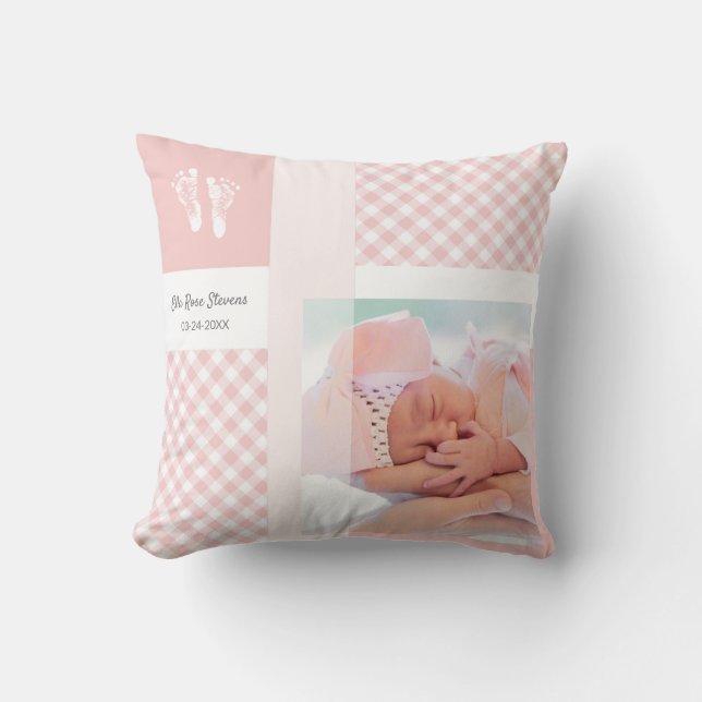 Coussin Annonce de naissance de bébé au vichy rose (Recto)