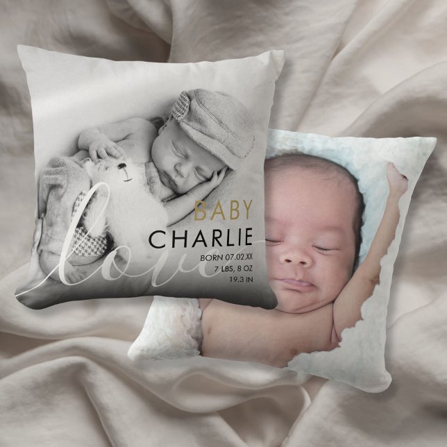 Coussin Annonce de naissance de bébé avec photo et statist (Modern Gold Photo Baby Birth Stats Announcement Throw Pillow)