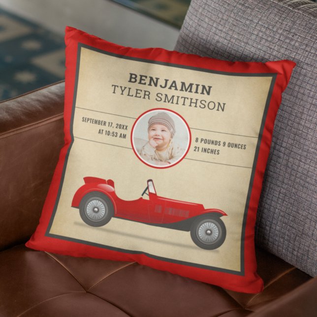 Coussin Annonce de naissance de bébé voiture de course rou (Créateur téléchargé)
