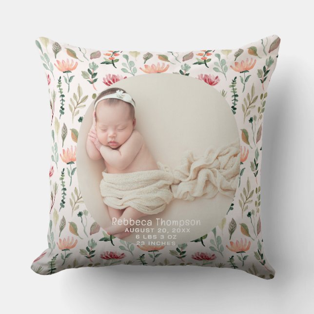 Coussin Annonce de naissance photo bébé floral (Recto)