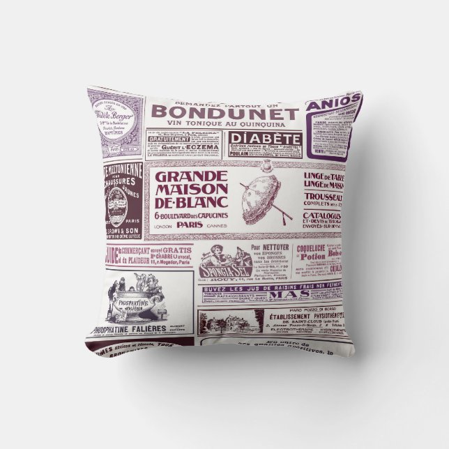 Coussin Annonces vintages de journaux français 1910 (Recto)