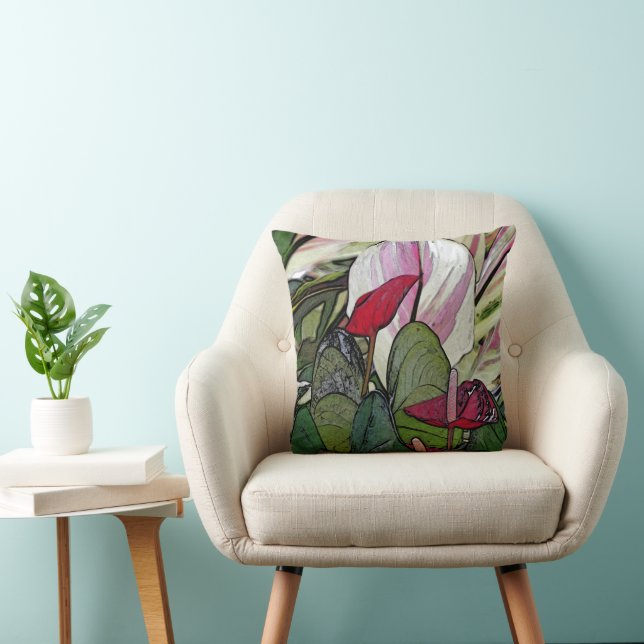 COUSSIN ANTHURIUM TROPICAL/VERT ROUGE ET COULEURS DE POISS (Chaise)