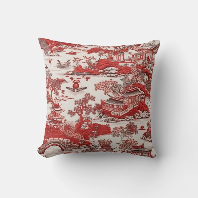 Coussin Antik Ming China bleu et chinoiserie rouge (Recto)