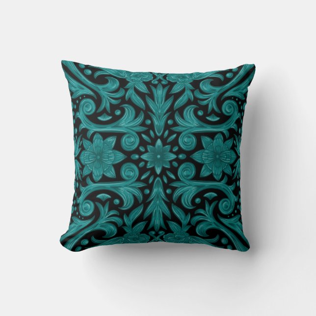 Coussin Antique Aztec Aigle Damask noir turquoise (Recto)