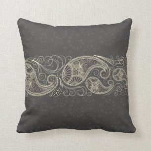 Coussin Antique Blanc Paisley Sur Gris Foncé