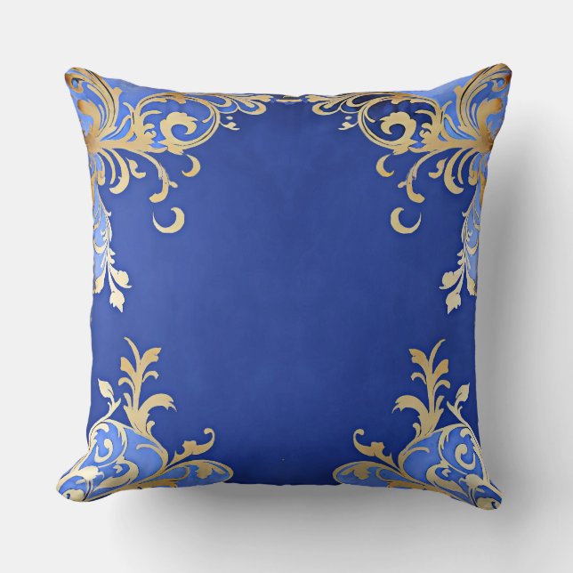 Coussin Antique Champagne Or Filigrane Bleu Royal (Recto)