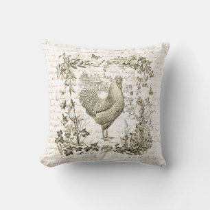 Coussin Antique Coq Vintage Beige Floral Script
