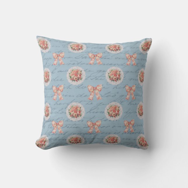 Coussin Antique Lettres Vintages Roses Toile Bows (Recto)