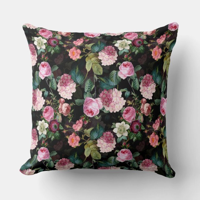 Coussin Antique Nostalgale Redouté Rose Motif noir (Recto)