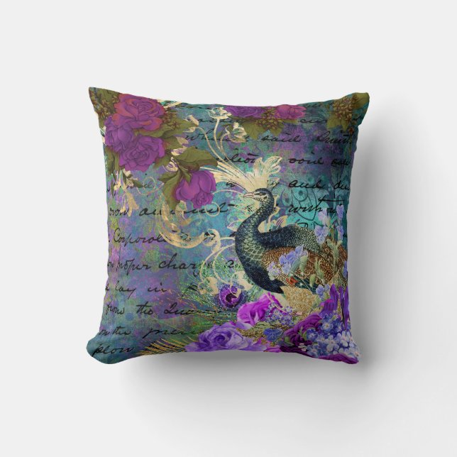 Coussin Antique Peacock Illustré & Fleurs Grunge (Recto)