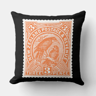 Coussin Antique Postage Timbre Nouvelle-Zélande Oiseaux Or