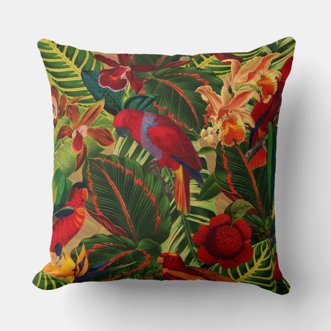 Coussin Antique Tropical Parrots Jungle Motif (Recto)