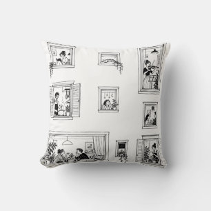 Coussin Appartement noir et blanc, fenêtres, art linéaire