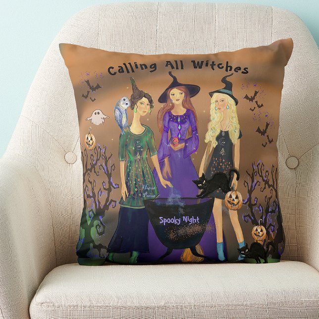 Coussin Appel à toutes les sorcières Halloween Anniversair (Calling All Witches Halloween Birthday Throw Pillow)