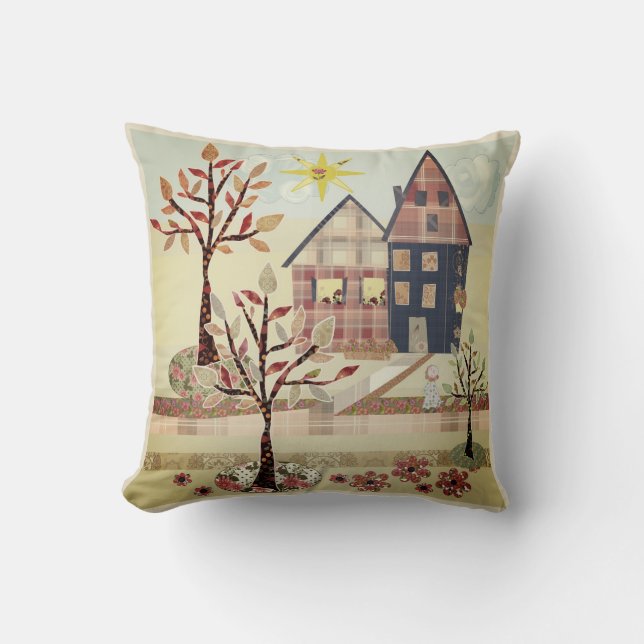 Coussin Appliqué, maisons, village, patchwork, couchage (Recto)