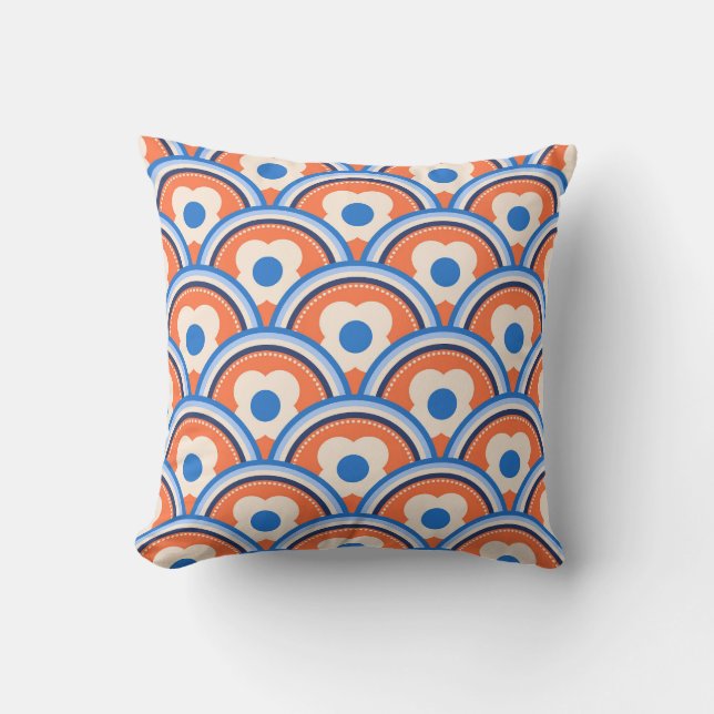 Coussin Apricot Crush, Blue Retro Waves and Flowers (Recto)