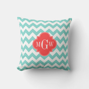 Coussin Aqua Blanc Chevron Corail Rouge Quatrefeuille 3 Mo