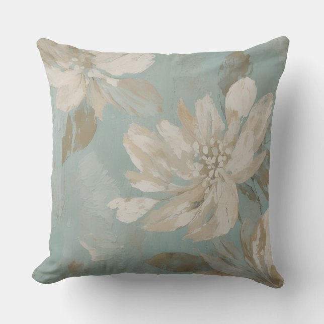 Coussin Aqua Bleu Beige Crème Abstrait Floral (Recto)