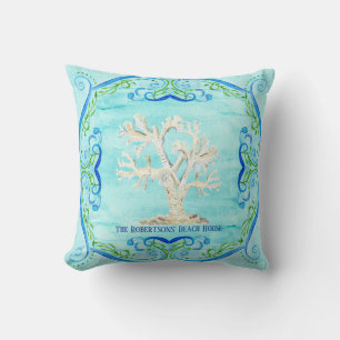 Coussin Aqua Blue Beach House Home Décor Coral Scrollwork