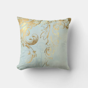 Coussin Aqua Blue Elegant Peacock Feathers Gold Scroll Art