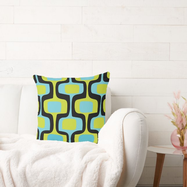 Coussin Aqua Chartreuse et Motif noir rétro du milieu du s (Canapé)