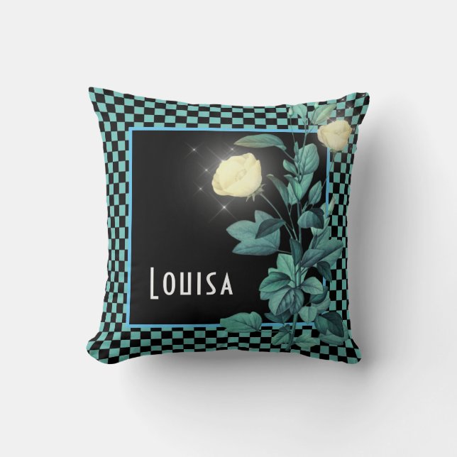 Coussin Aqua Checkerboard Floral Personnalisé (Recto)