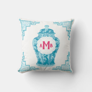 Coussin Aqua Chinoiserie Ginger Jar Monogramme