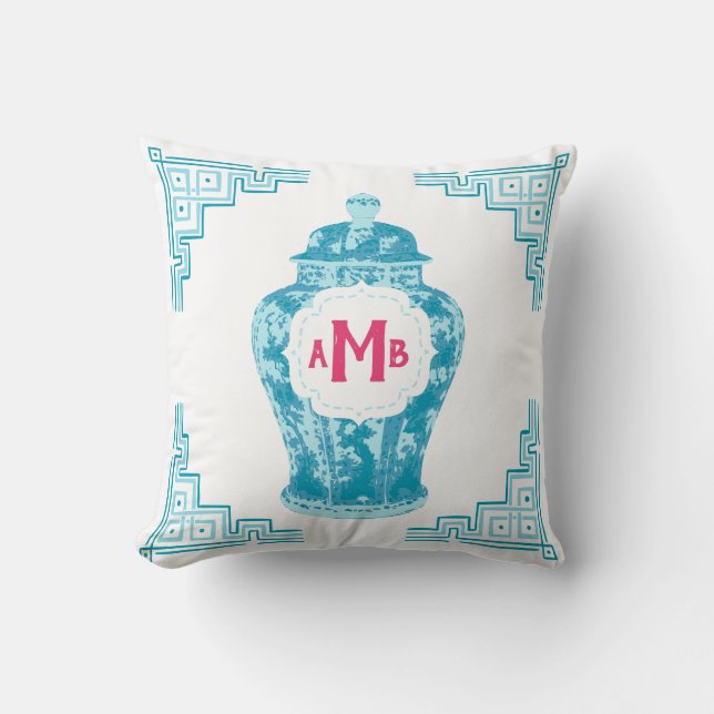 Coussin Aqua Chinoiserie Ginger Jar Monogramme (Recto)