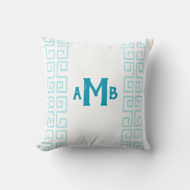 Coussin Aqua Chinoiserie Large Clé grecque Monogramme (Recto)