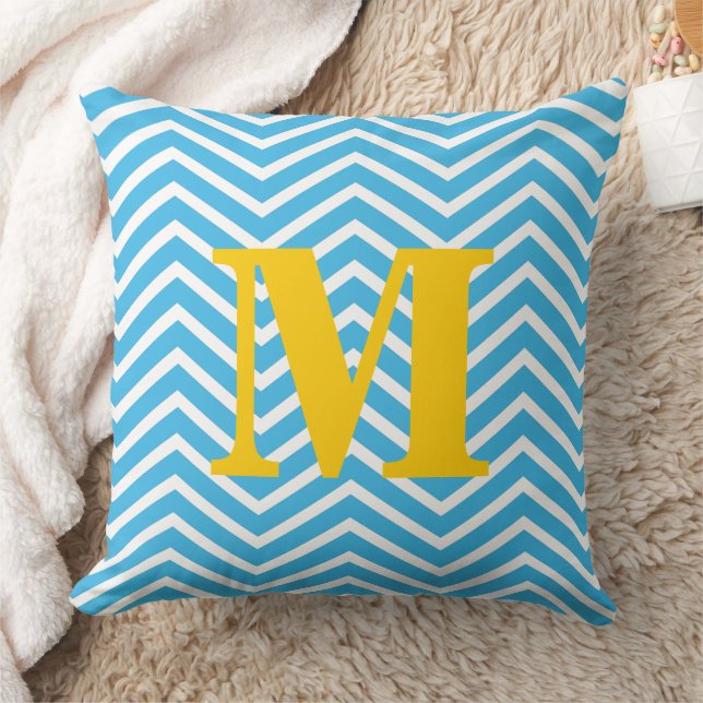 Coussin Aqua clair et blanc avec Monogramme jaune Zig Zag (Couverture)