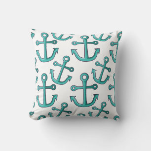 Coussin Aqua et Ancres blanches Nautique