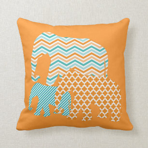Coussin Aqua et carreau orange d'éléphants
