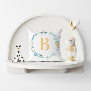 Coussin Aqua et Yellow Monogramme Floral Wreath
