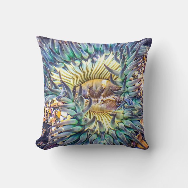 Coussin Aqua fleuri et anémone de mer jaune dans l'eau (Recto)
