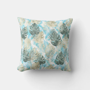 Coussin Aqua Green Gold Feuilles Tropicales  