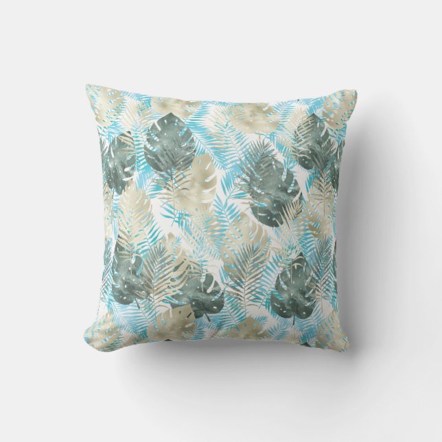 Coussin Aqua Green Gold Feuilles Tropicales   (Recto)