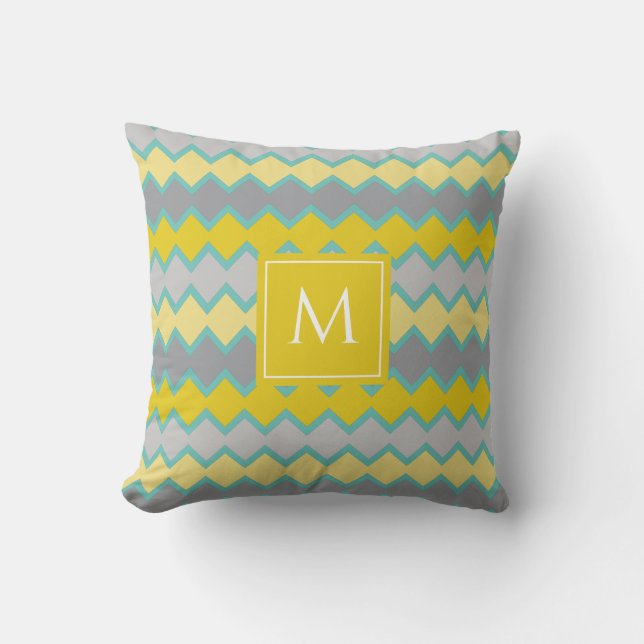 Coussin Aqua gris jaune Motif géométrique Monogramme (Recto)