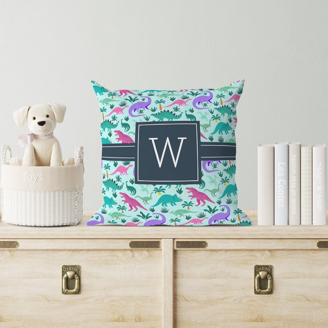 Coussin Aqua | Joli Motif Dinosaure coloré Monogramme enfa (Créateur téléchargé)