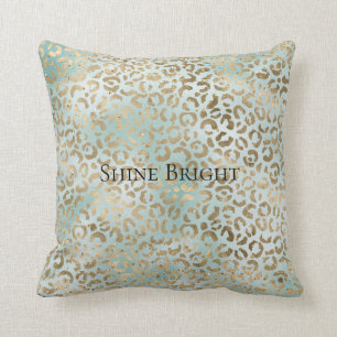 Coussin Aqua Mint Gold Glitz Sparkle Empreinte de léopard