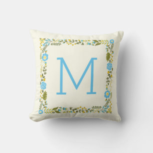 Coussin Aqua moderne et bordure fleurie jaune et monogramm